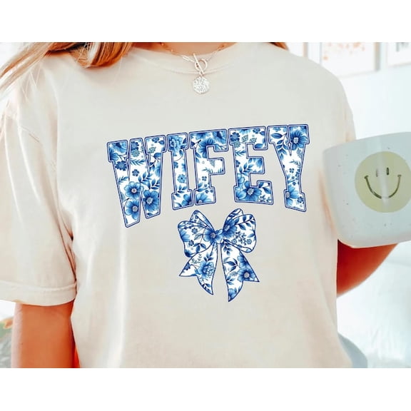 Blue Floral Ribbon Wifey Shirt, Cute Mothers Day , Aesthetic Wifey, Chinoiserie Tee, Blue Ribbon Wifey shirt