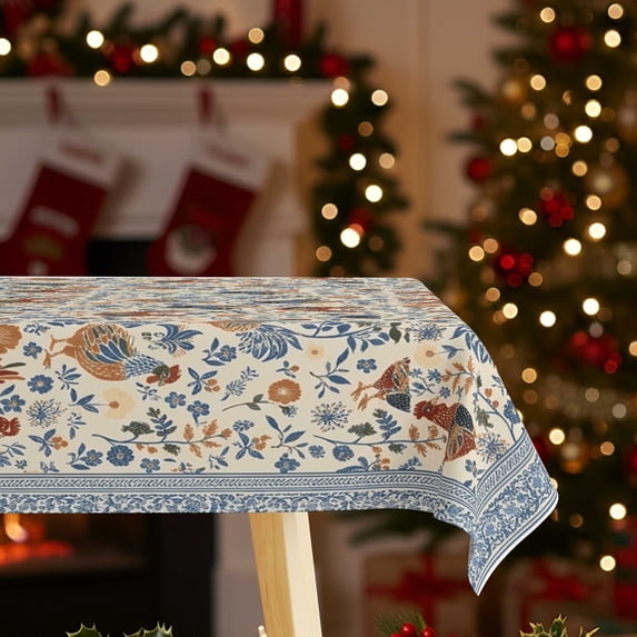 Blue Floral Rooster Border Rectangle Tablecloth, Harvest Summer ...
