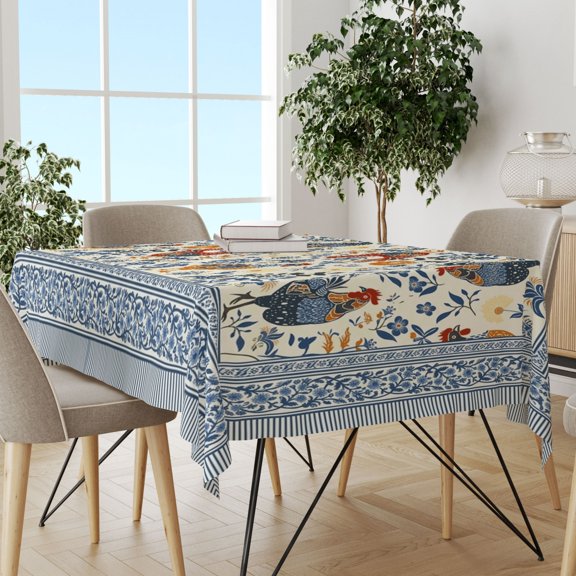 Blue Floral Rooster Rectangle Tablecloth, Summer Rustic Printed Cover, Stain Resistant Lightweight Cloth for Farm Decor & Holiday Parties