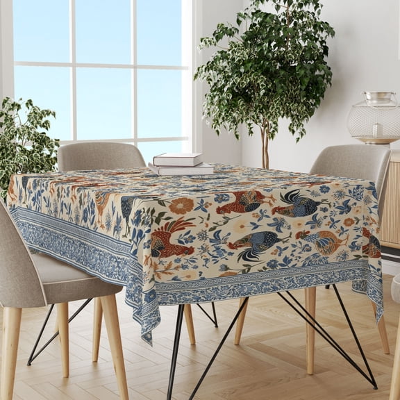 Blue Floral Rooster Rectangle Tablecloth, Summer Rustic Printed Cover, Stain Resistant Lightweight Cloth for Farm Decor & Holiday Parties