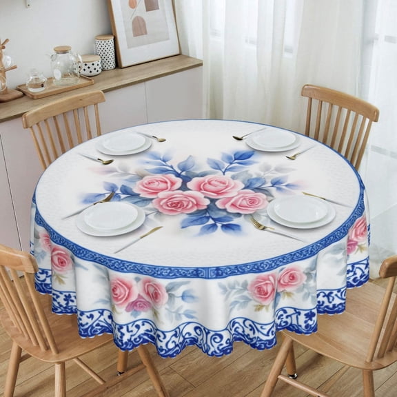 Blue Floral Rose Pattern Round Tablecloth Waterproof Oil-Proof Plastic Table Cloth Stain-Resistant Wipeable 60" for Camping, Dining, Indoor and Outdoor