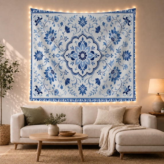 Blue Floral Rosette Medallion on Ivory Field, Serene Boho for Nature Enthusiasts, Botanical Garden Art Decor, Housewarming Gift, Tapestry Wall Hanging for Bedroom and Living Room