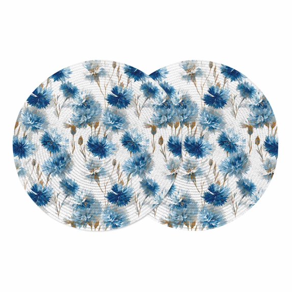 Blue Floral Round 13 Inch Placemats Set of 2, Vintage Cornflower Leaves Rustic Plants HeatResistant Non Slip Place Mats for Dining Table, Wipeable Braided Kitchen Table Mats for Housewarming