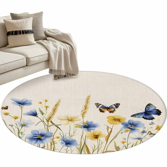 Blue Floral Round Area Rug 4 FT, Non Slip Indoor Outdoor Rug, Yellow Flower Butterflies Country Plant Washable Soft Circular Carpet Non-Shedding Floor Mat for Coffee Table Nursery Foyer Balcony