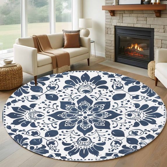 Blue Floral Round Area Rug 7 FT, Non Slip Living Room Area Carpet, Ethnic Boho Botanical Geometric Art Washable Soft Circular Rug Non-Shedding Floor Carpet for Bedside Office Play Room Classroom