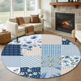 thumbnail image 1 of Blue Floral Round Area Rug 8Ft Washable Large Circle Rugs for Living Room Dorm, Spring Flowers Plants Patchwork Grid Bohemia Non-Slip Carpet Floor Mats Indoor Outdoor Carpet Runner Home Decor, 1 of 8