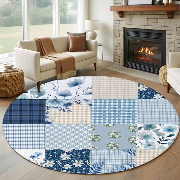 Blue Floral Round Area Rug 8Ft Washable Large Circle Rugs for Living Room Dorm, Spring Flowers Plants Patchwork Grid Bohemia Non-Slip Carpet Floor Mats Indoor Outdoor Carpet Runner Home Decor