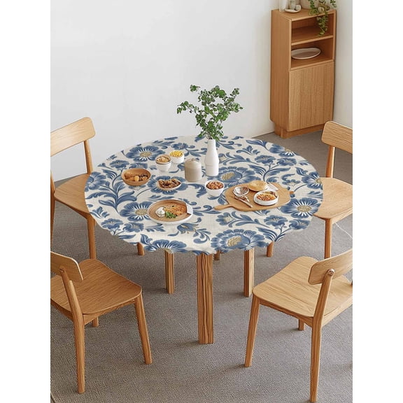 Blue Floral Round Fitted Tablecloth with Elastic Edge, Oriental Traditional Ethnic Flower Texture Linen Waterproof Stretch Table Covers for 36"-44" Tables Wipeable Table Cloth for Outdoor