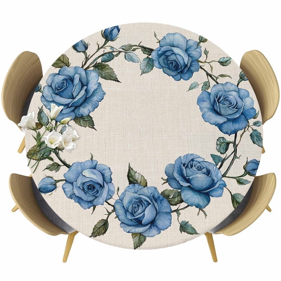 Blue Floral Round Tablecloth 36-44 Inch Round Fitted Table Cloth with Elastic Edge, Retro Spring Botanical Flowers Wreath Leaf Waterproof Table Cover Protector for Outdoor Picnic Party Dining