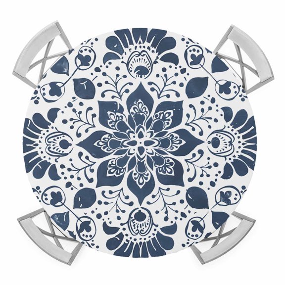 Blue Floral Round Tablecloth for 36-44 Inch Tables, Fitted Table Cover with Elastic Edge, Ethnic Boho Botanical Geometric Art Waterproof Outdoor Table Cloth Protector for Patio Garden Dinner Picnic