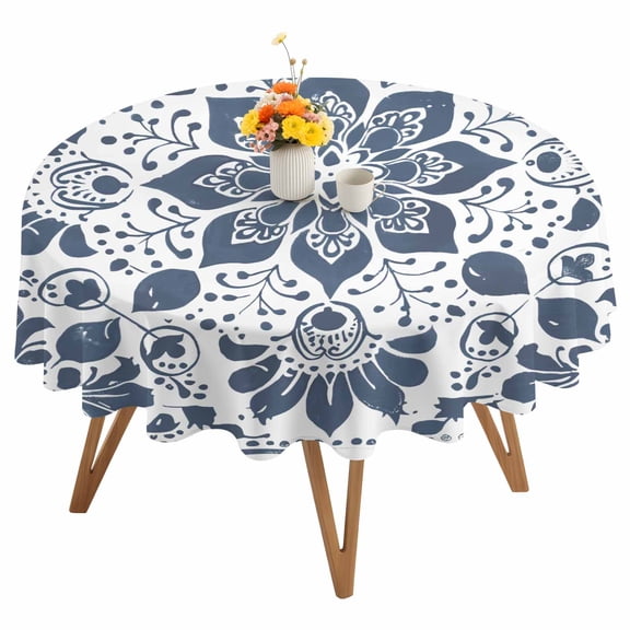 Blue Floral Round Tablecloth 54 inches Pattern Leaves Geometric Art Waterproof Oil-Proof Table Cloth Round Table Cover for Holiday Party Picnic Dinner Decor Indoor and Outdoor Use