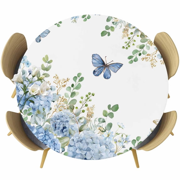 Blue Floral Round Tablecloth 55-60 Inch Round Fitted Table Cloth with ...