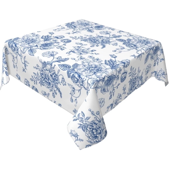 Blue Floral Round Tablecloth 60x60 Inch Square, Blue and White Chinoiserie Flower Toile Table Cloth Spring Decorations Polyester Stain Resistance Table Cover for Party Picnic Kitchen Decor