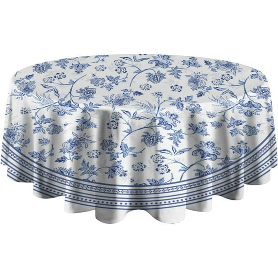 Blue Floral Round Tablecloth 60x60 Inch, Blue and White French Country Tablecloth, Rustic Floral Polyester Waterproof Tablecloth for Farmhouse Kitchen Decor/Indoor and Outdoor Tables/Parties/Picnics