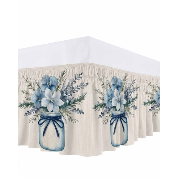 Blue Floral Ruffle Bed Skirt Queen Size Vintage Daisy in Vase Farmhouse Flower Summer Adjustable Elastic Dust Bed Skirts Wrap Around Bedskirt Wrinkle Free Easy Fit with 16 Inch Drop