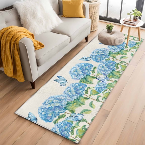 Blue Floral Runner Rug 2x6 FT,Non Slip Hallway Rugs,Summer Botanical Hydrangeas Butterfly Washable Soft Floor Carpet Throw Runner Carpet Long Rugs for Entryway Kitchen Bedside Sliding Door