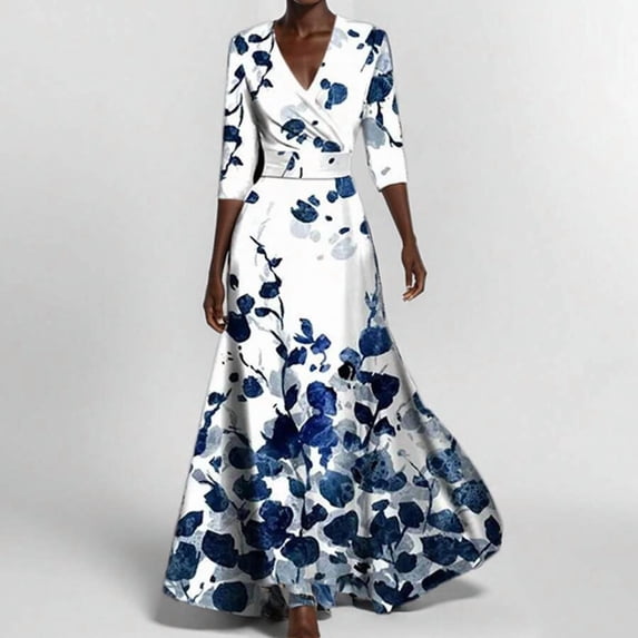 Blue Floral Satin Wrap Maxi Dress V-Neck 3/4 Sleeve A-Line Flowy Evening Gown