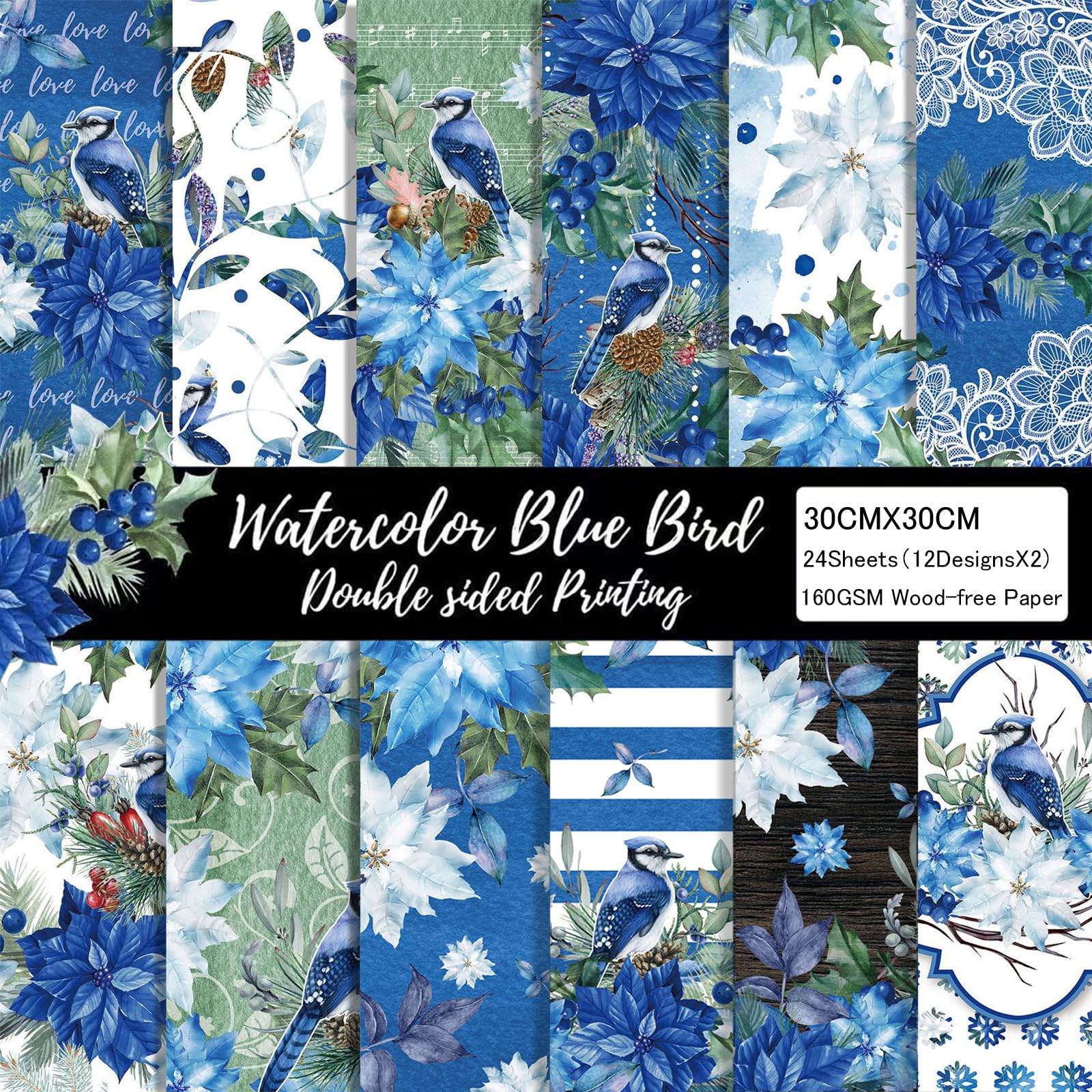 Blue Floral Scrapbook Paper STF9 12x12 Double Sided 24 Watercolor