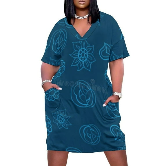 Blue Floral Seamless Pattern Design Summer Sundress for Curve Women Casual Pattern Plus Size V Neck Short Sleeve Loose Fit Oversize Dresses