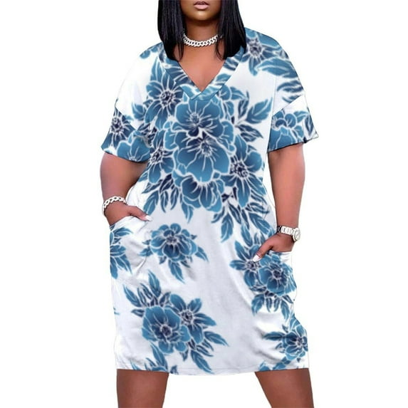 Blue Floral Seamless Pattern Design Summer Sundress for Curve Women Casual Pattern Plus Size V Neck Short Sleeve Loose Fit Oversize Dresses