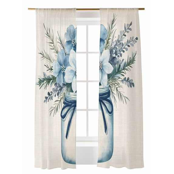 Blue Floral Sheer Curtains 2 Panels Set Vintage Daisy in Vase Farmhouse Flower Summer Lihgt Filtering Rod Pocket Voile Drape, Semi Sheer Window Curtains for Bedroom Living Room, 52"x84"