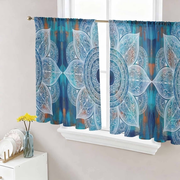Blue Floral Sheer Curtains 45 Inch Length 2 Panels Set, Geometric ...
