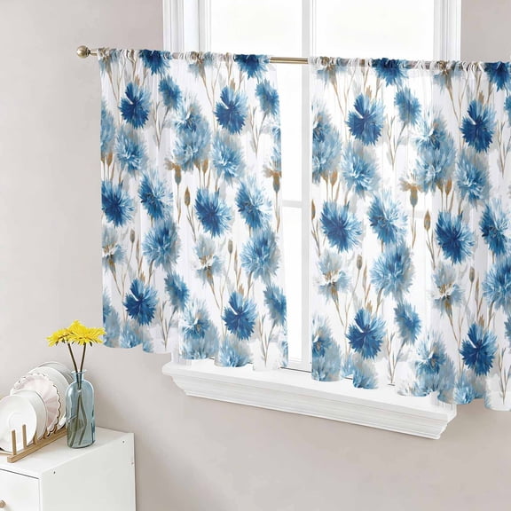 Blue Floral Sheer Curtains 54 Inch Length 2 Panels Set, Vintage Cornflower Leaves Rustic Plants Voile Window Treatment Rod Pocket Short Kitchen Curtains Drapes for Bedroom 52"x54"x2
