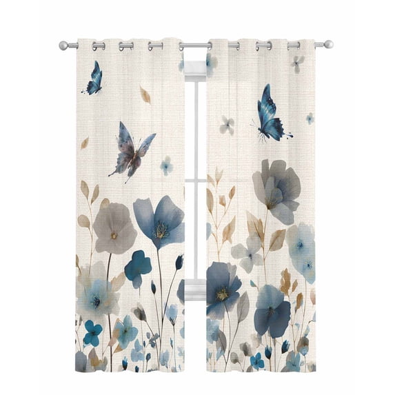 Blue Floral Sheer Curtains 63 Inch Length 2 Panels Set for Living Room/Bedroom, Spring Watercolor Flowers Butterflies Beige Kitchen Curtains Grommet Semi-Sheer Curtains Window Treatments 42"x63"x2