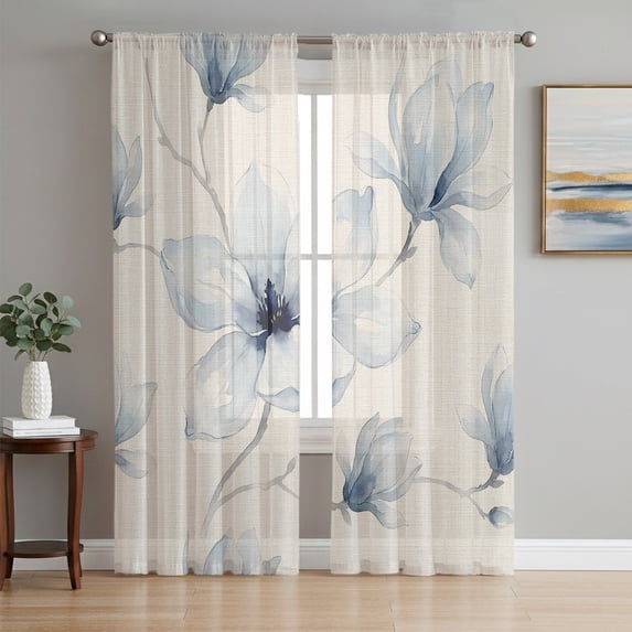Blue Floral Sheer Curtains 63 Inch Length 2 Panels Set, Summer Spring Flowers Vintage Voile Window Treatment Rod Pocket Curtains Sheers Drapes for Bedroom/Living Room/Kitchen 52x"63"x2