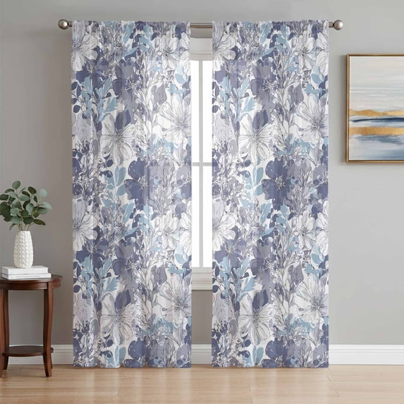Blue Floral Sheer Curtains 63 Inch Length 2 Panels Set Window Treatments, Spring Botanical Flowers Leaves Vintage Rod Pocket Semi Curtains for Living Room/Bedroom/Kitchen Décor, 104"W x 63"L