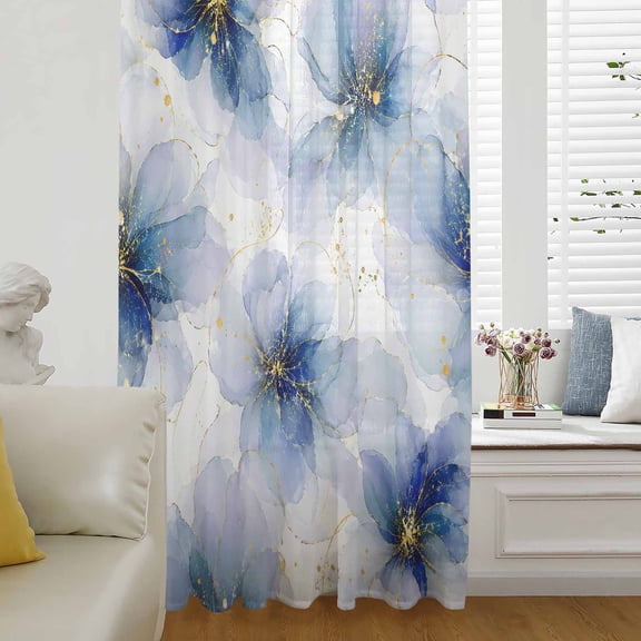 Blue Floral Sheer Curtains 63 Inch Length, Light Filtering Voile Curtain Panel, Vintage Country Ink Flowers Retro Golden Lines Rod Pocket Drapes Window Treatments for Living Room Bedroom 52"x63"