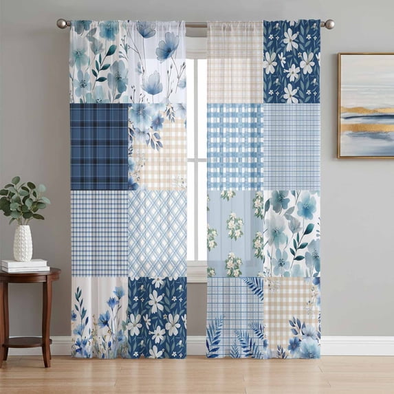 Blue Floral Sheer Curtains 72 Inch Length 2 Panels Set Window Treatments, Spring Flowers Plants Patchwork Grid Bohemia Rod Pocket Semi Curtains for Living Room/Bedroom/Kitchen Décor, 104"W x 72"L