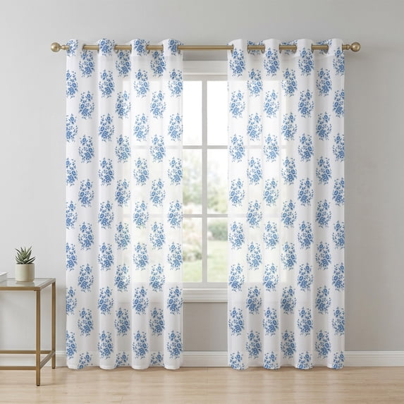 Blue Floral Sheer Curtains 72 Inch Long 2 Panels, Country Bright Blue ...
