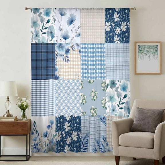 Blue Floral Sheer Curtains 72 Inches Long for Living Room, Spring Flowers Plants Patchwork Grid Bohemia Light Filtering Privacy Drapes, Breathable Semi Sheer Window Treatment for Bedroom Dining Room