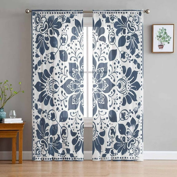 Blue Floral Sheer Curtains 84 Inch Length 2 Panels Set for Living Room/Bedroom, Ethnic Boho Botanical Geometric Art Semi Curtain Sheers Drapes Rod Pocket Curtains Window Treatment Set 52''x84''x2