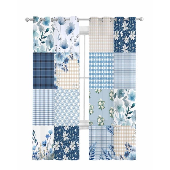 Blue Floral Sheer Curtains 84 Inch Length 2 Panels Set for Living Room/Bedroom, Spring Flowers Plants Patchwork Grid Bohemia Kitchen Curtains Grommet Semi-Sheer Curtains Window Treatments 42"x84"x2