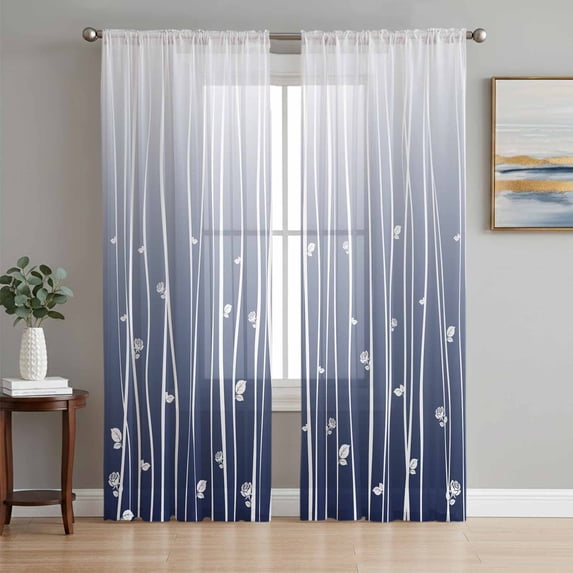Blue Floral Sheer Curtains 96 Inch Length 2 Panels Set, Gradient Stripe Garden Plant Branch Texture Voile Window Treatment Semi Sheer Long Curtains Drapes for Bedroom/Living Room/Kitchen 52"x96"x2