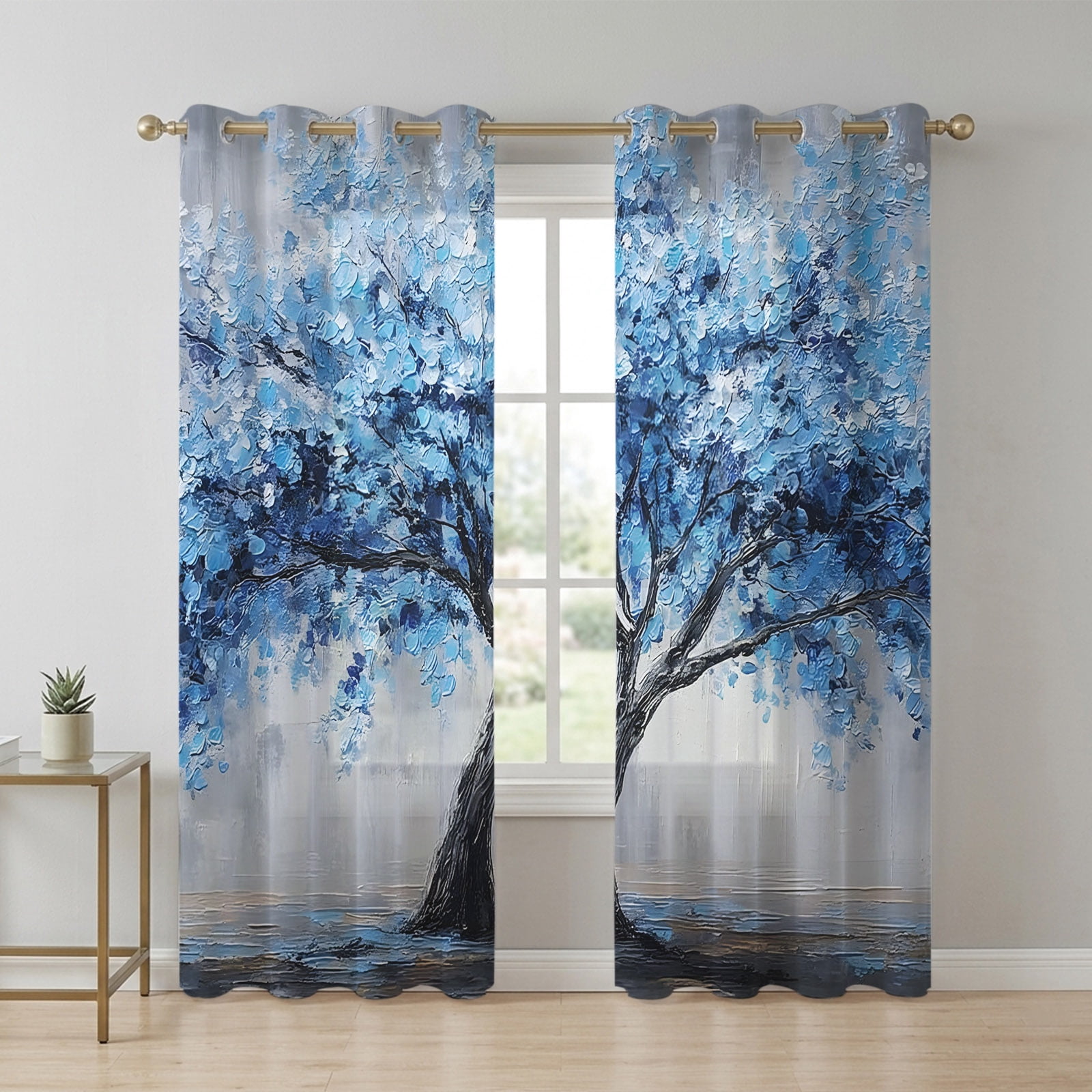 Blue Floral Sheer Curtains 96 Inch Long 2 Panels, Classical Flower ...