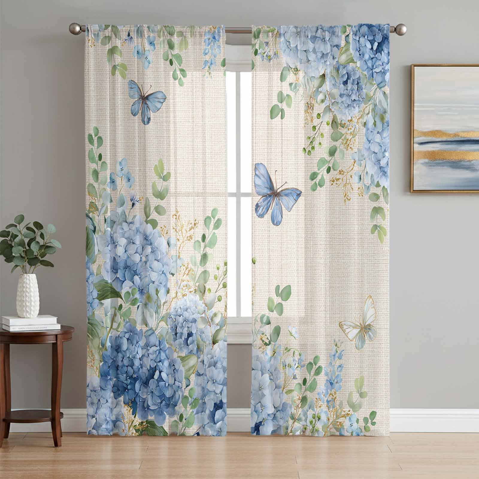Blue Floral Sheer Curtains for Living Room Bedroom, Summer Country