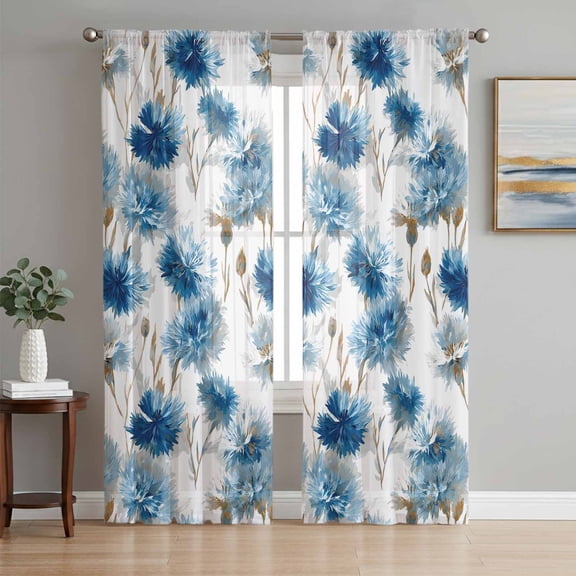 Blue Floral Sheer Curtains for Living Room Bedroom Vintage Cornflower Leaves Rustic Plants Sheer Curtains 84 Inch Long 2 Panels Set Light Filtering Curtain Window Treatments Drapes for Dining Room