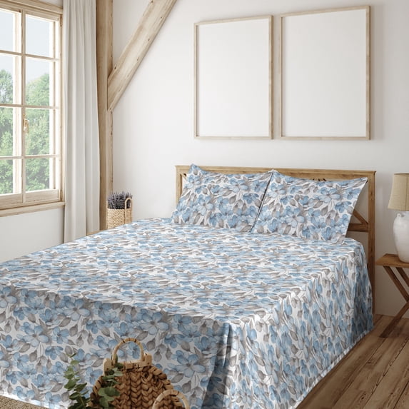Ambesonne Blue Floral Fitted & Flat Sheet with Shams 4 Pcs Set, Retro Delicate Petals, Full, Taupe and Off White
