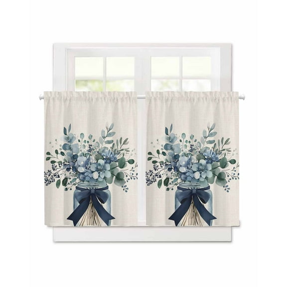 Blue Floral Short Blackout Curtains 36 Inch Long Pastoral Eucalyptus Leaf Bow Vase Rod Pocket Kitchen Curtains, 2 Panels Thermal Insulated Room Darkening Drapes for Bedroom, 30"W x 36"L