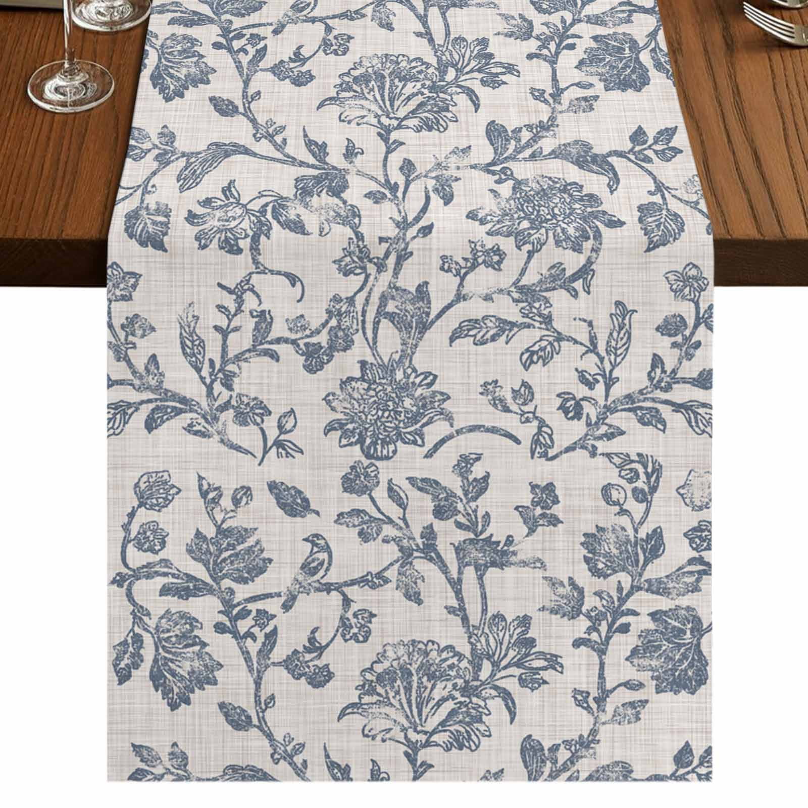 Blue Floral Short Table Runner 36 Inches Long,Farmhouse Vintage Flower Leaf Botanical Cotton Linen Table Runners Dresser Scarves,Tabletop Scarf Furniture Cover for Home Dinner Party Decor 13"x36"