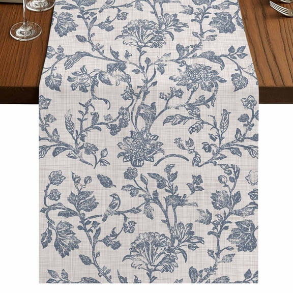 Blue Floral Short Table Runner 36 Inches Long,Farmhouse Vintage Flower Leaf Botanical Cotton Linen Table Runners Dresser Scarves,Tabletop Scarf Furniture Cover for Home Dinner Party Decor 13"x36"