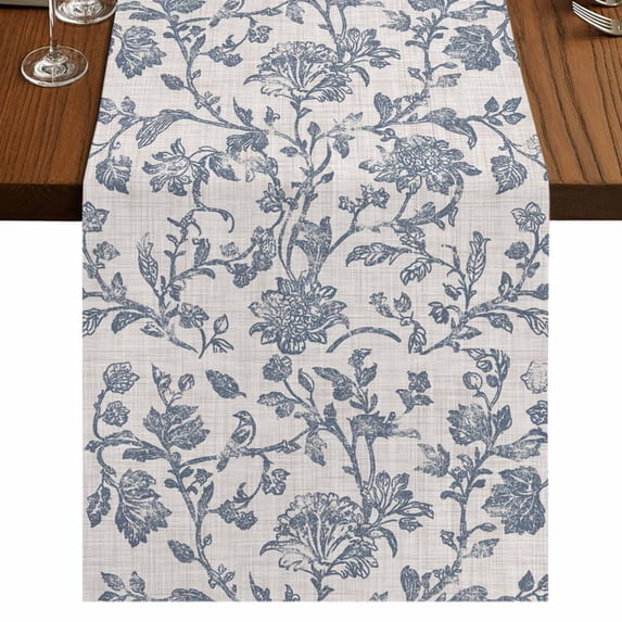 Blue Floral Short Table Runner 60 Inches Long,Farmhouse Vintage Flower Leaf Botanical Cotton Linen Table Runners Dresser Scarves,Tabletop Scarf Furniture Cover for Home Dinner Party Decor 13"x60"