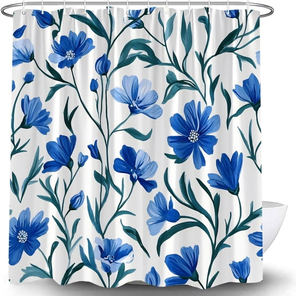 Blue Floral Shower Curtain Abstract Watercolor Flower Leaves Rustic Blossom Plant Modern Simple Fabric Curtain with Hook-72"W x 86"L (Pack of 1)