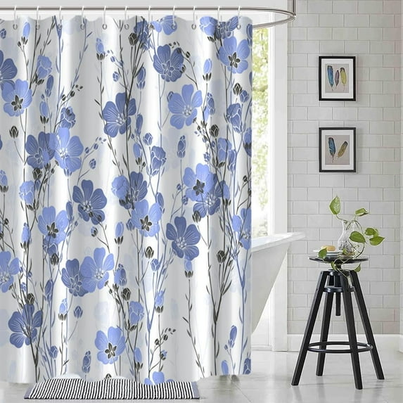 Blue Floral Shower Curtain, Aesthetic Spring Shower Curtain for Bathroom Waterproof Fabric Watercolor Shower Curtain Set with Hooks, 72x72 Inch