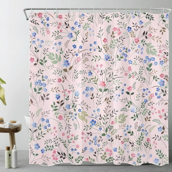 Blue Floral Shower Curtain for Bathroom Country Wildflower and Green Leaf Herb on Pink Bathroom Shower Curtains with Hooks, Nature Botanical Bathroom Curtains Shower Set 72"W x 84"L (Pack of 1)