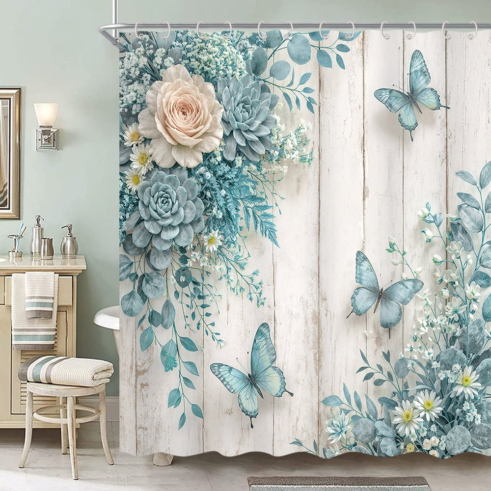 Blue Floral Shower Curtain - Farmhouse Rustic Rose Butterfly Bathroom Curtain Boho Botanical Waterproof Fabric Set with 12 Hooks,70X85in