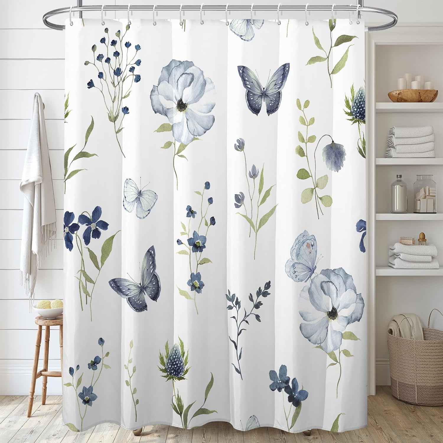 Blue Floral Shower Curtain,Green Plant Waterproof Fabric Shower ...